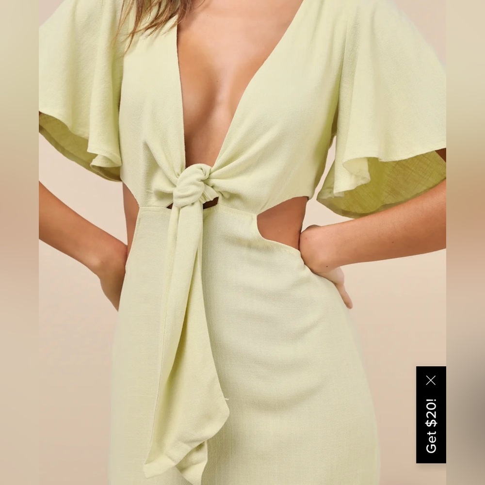 Lulus linen blend Journey Light Green Tie Front Cutout Midi Dress XS NWT